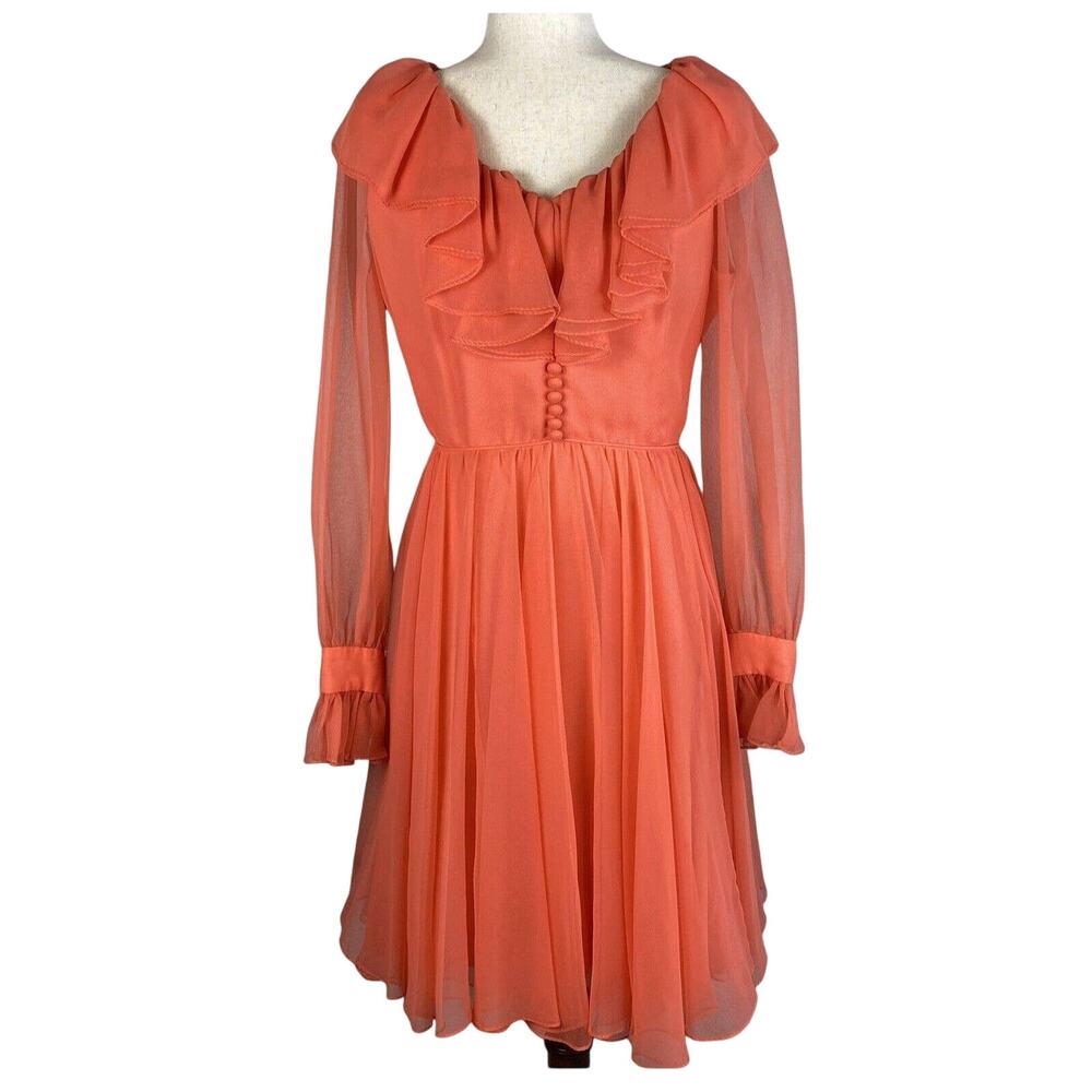 Vintage Miss Elliette Ruffle Fit Flare Dress Size M Coral Chiffon Long Sleeve‎